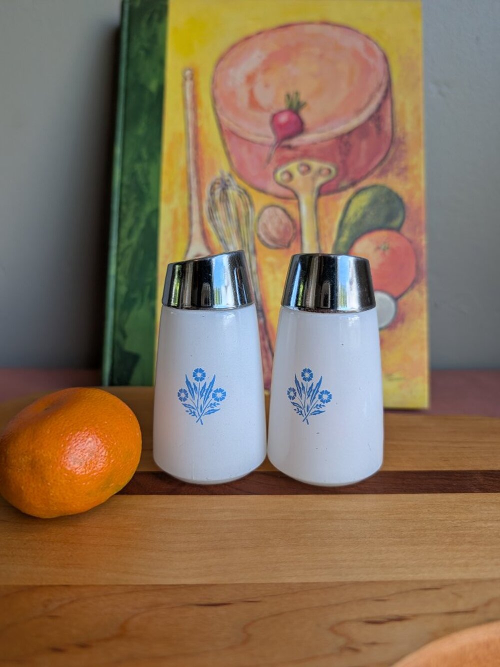 CorningWare Blue Cornflower Salt and Pepper Shakers | Milk Glass with Slant Top